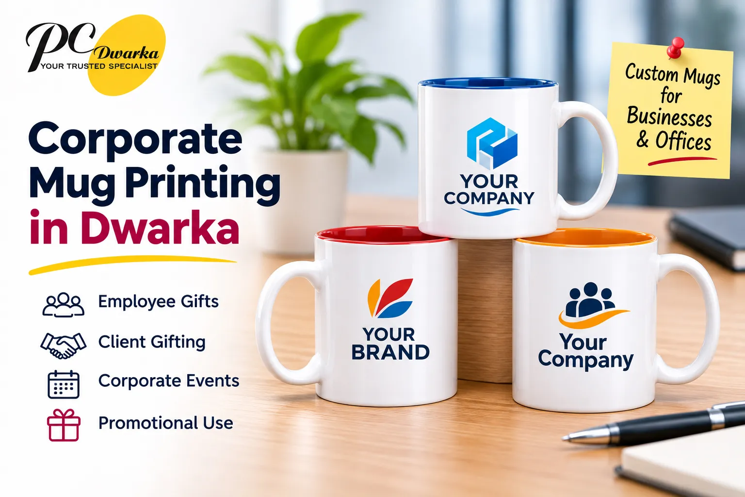 Customised corporate coffee mugs arranged for employee and client gifting.