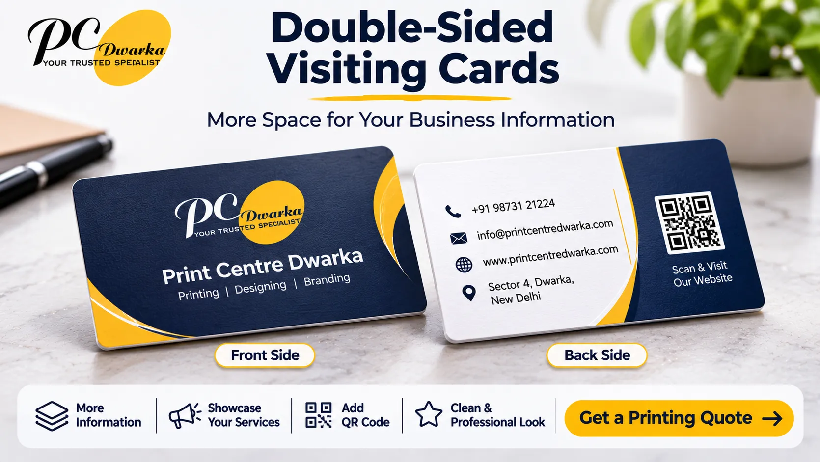 Front and back of a printed double-sided business card