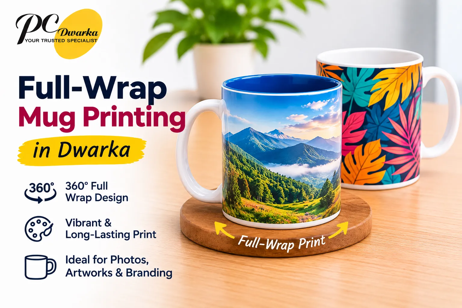 Full-wrap printed coffee mug featuring artwork extending across the printable surface.