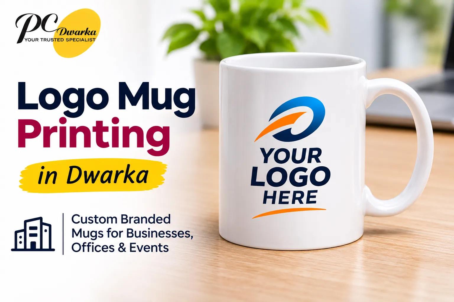 Custom logo-printed ceramic coffee mug for corporate branding in Dwarka.