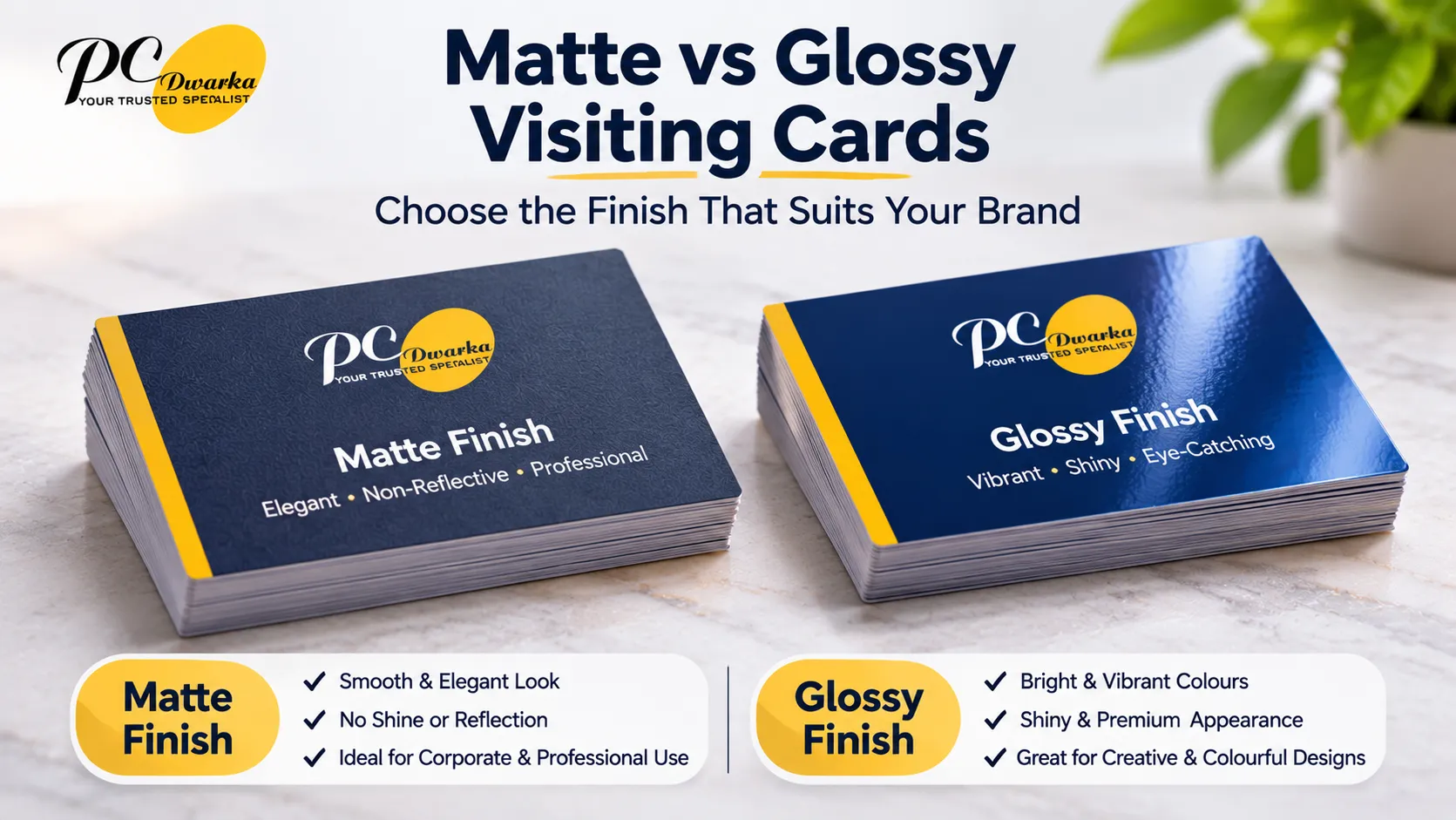 Matte and glossy visiting card samples photographed side by side
