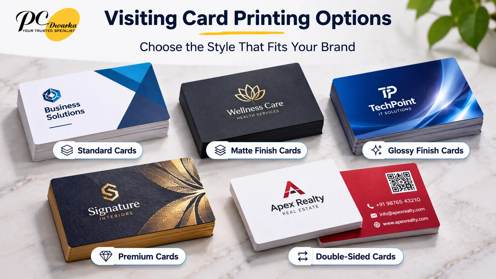 Different visiting card printing samples showing paper and design options